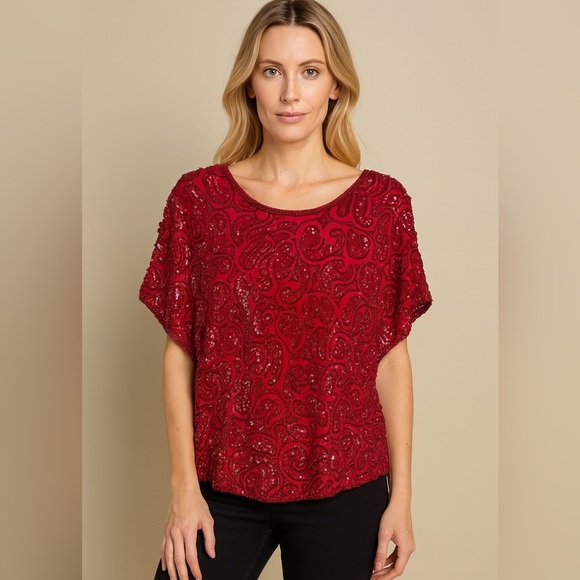 None Tops - Vintage Red Sequin Embellished Blouse”